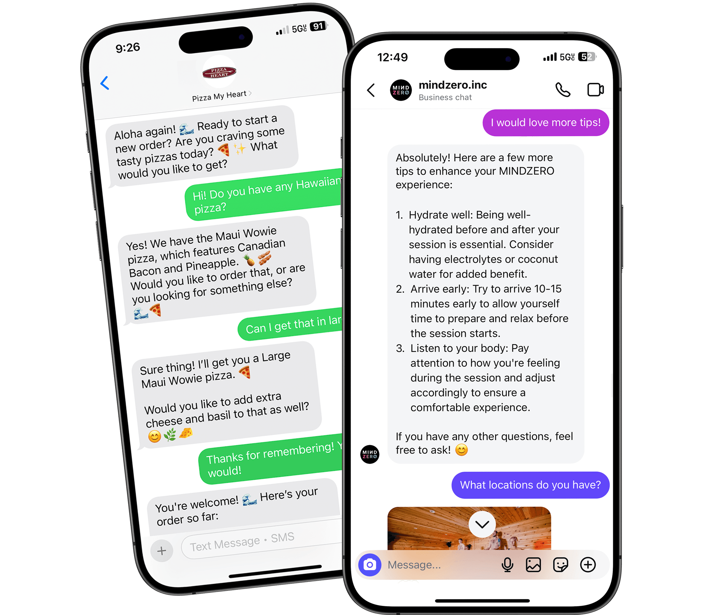 Two phone screens showing a chat with a customer and an agent