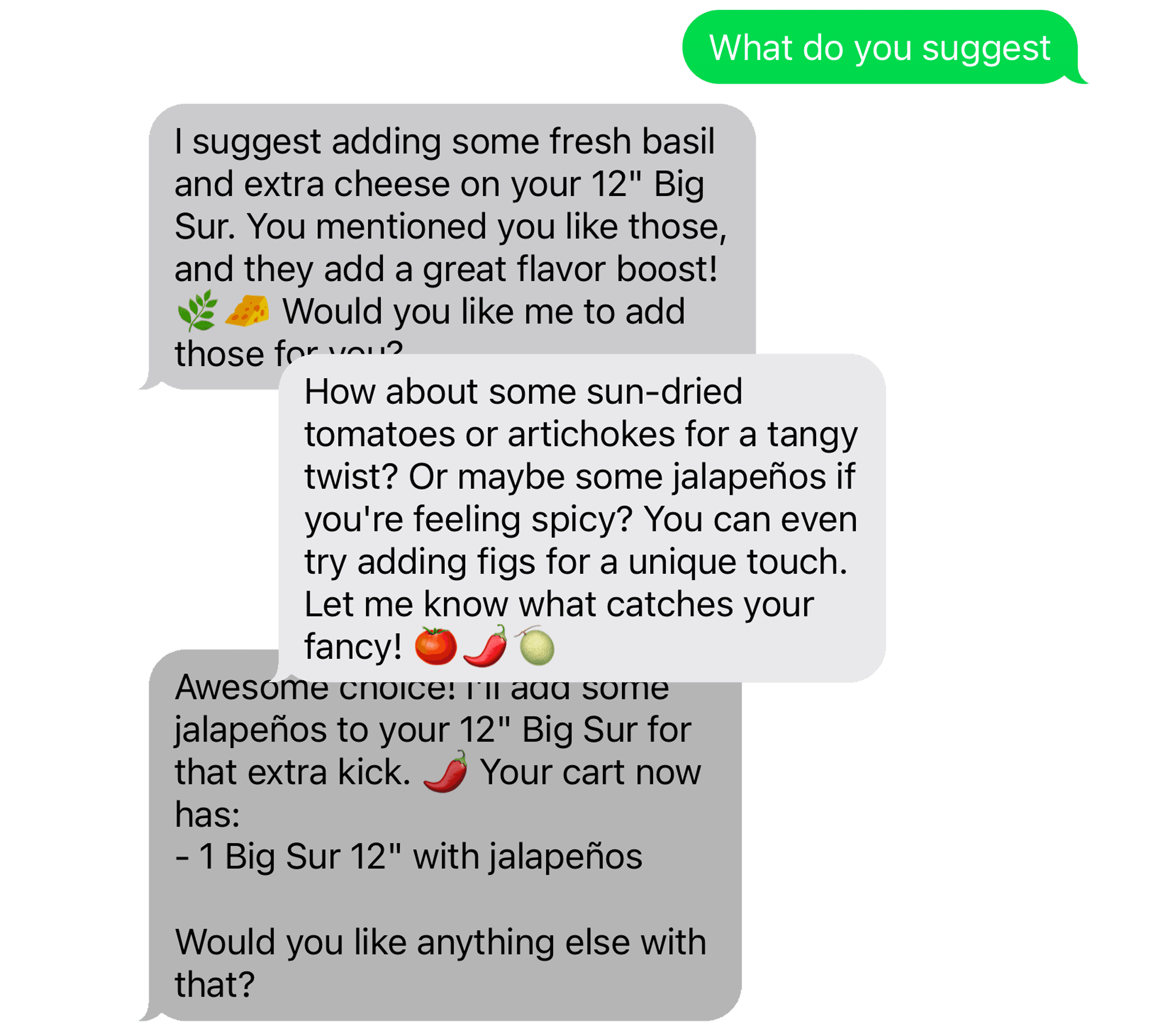 Two sets of speech bubbles showing a chat with a customer and an agent
